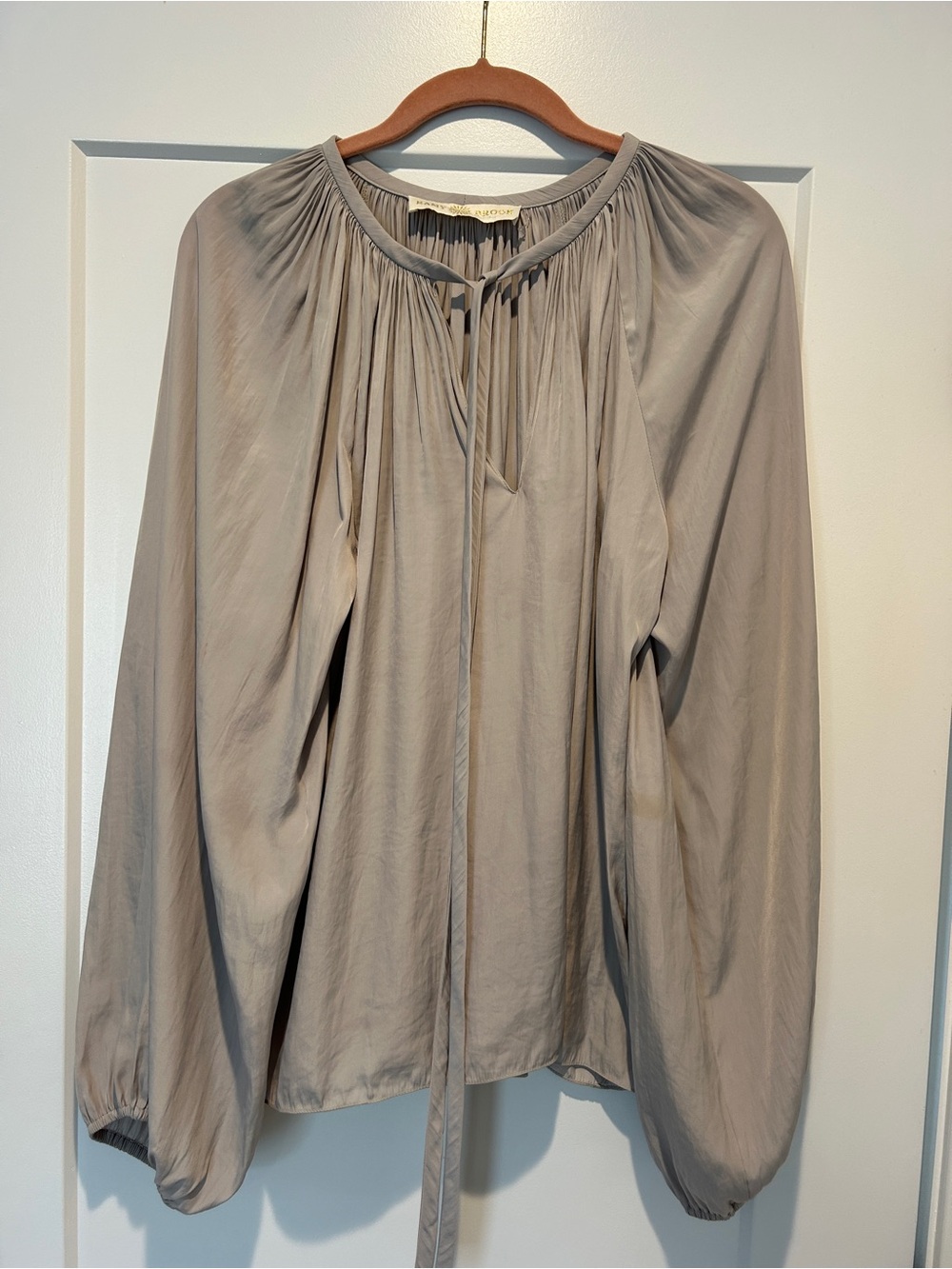 Ramy Brook Light Gray Tie-Neck Peasant Blouse
